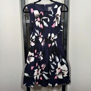 Vince Camuto Navy Floral Fit & Flare Dress – Sleeveless, Pleated Skirt, Size 8